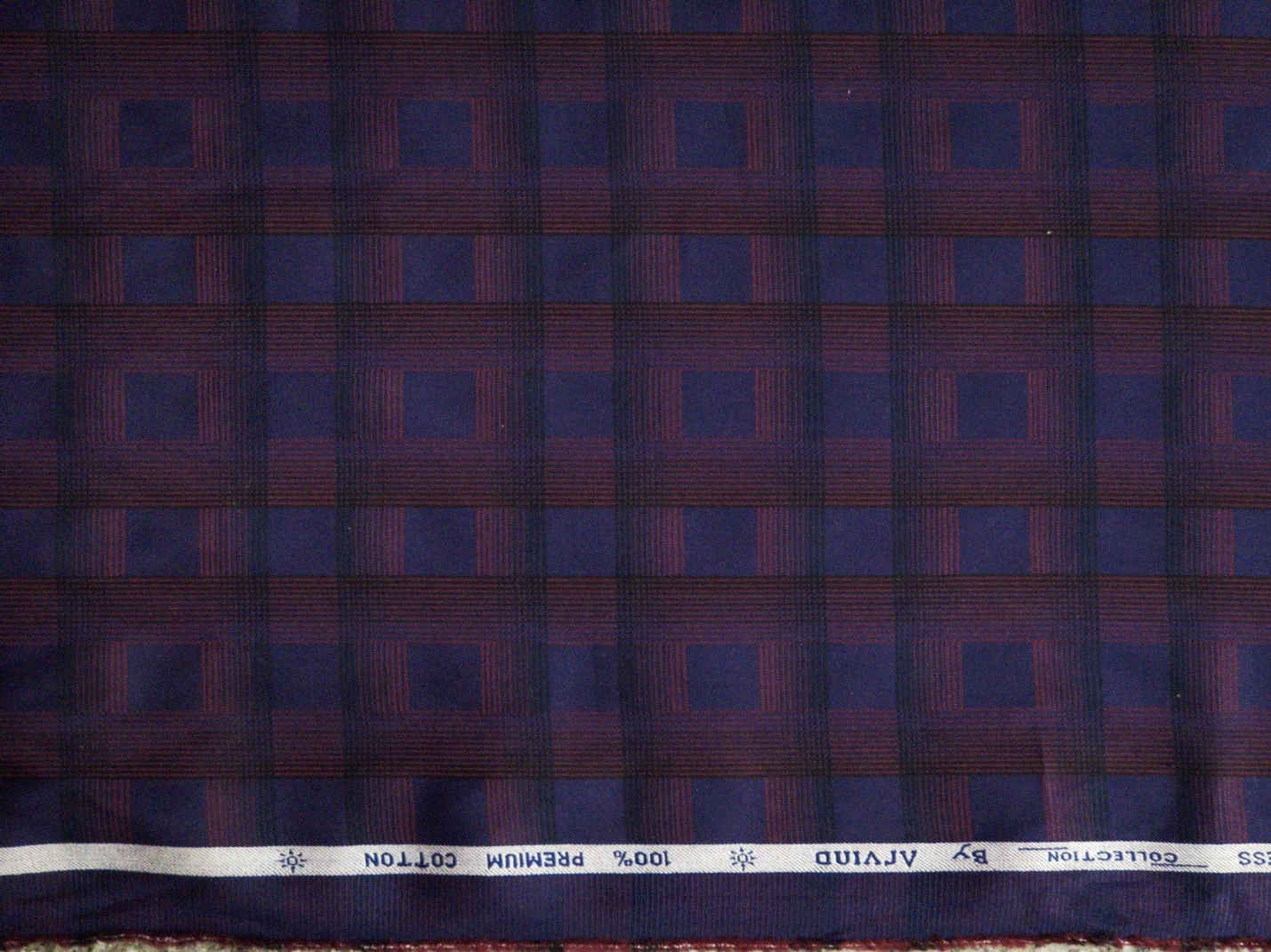 Arvind 100% Cotton Wine & Navy Blue Checks Shirting Fabric - Image 2