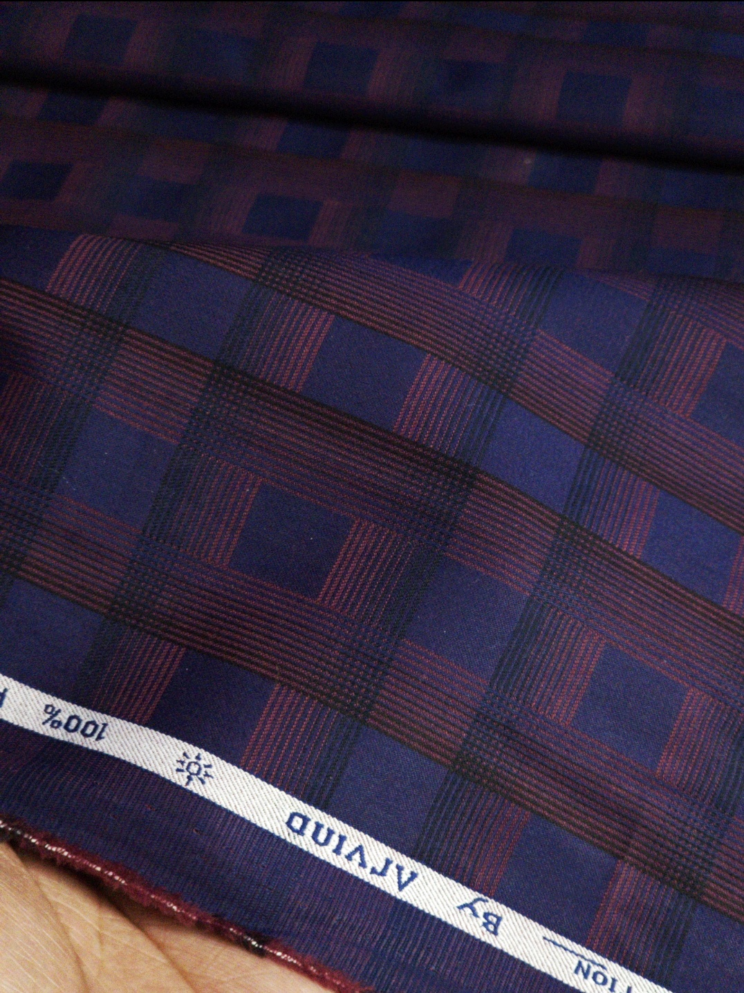 Arvind 100% Cotton Wine & Navy Blue Checks Shirting Fabric - Image 3